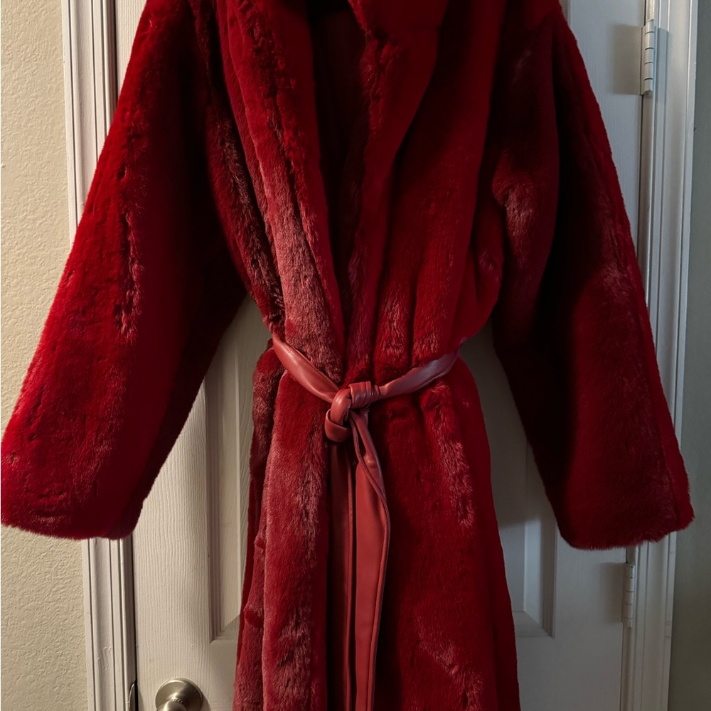 Brand new long, heavy & warm burgundy faux fur coat wi  vegan leather belt.